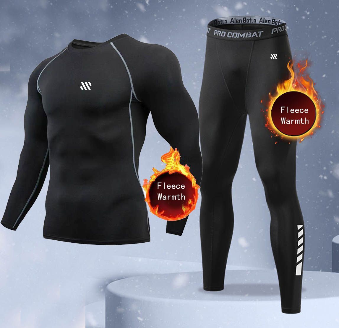Thermal Long John - ชุดชั้นในกันหนาวสำหรับผู้ชายแบบ 2 ชิ้นใหม่ เสื้อชั้นในกันหนาวผ้าฟลีซ กางเกงลองจอห์นรัดรูป ชุดออกกำลังกายและชุดกีฬา