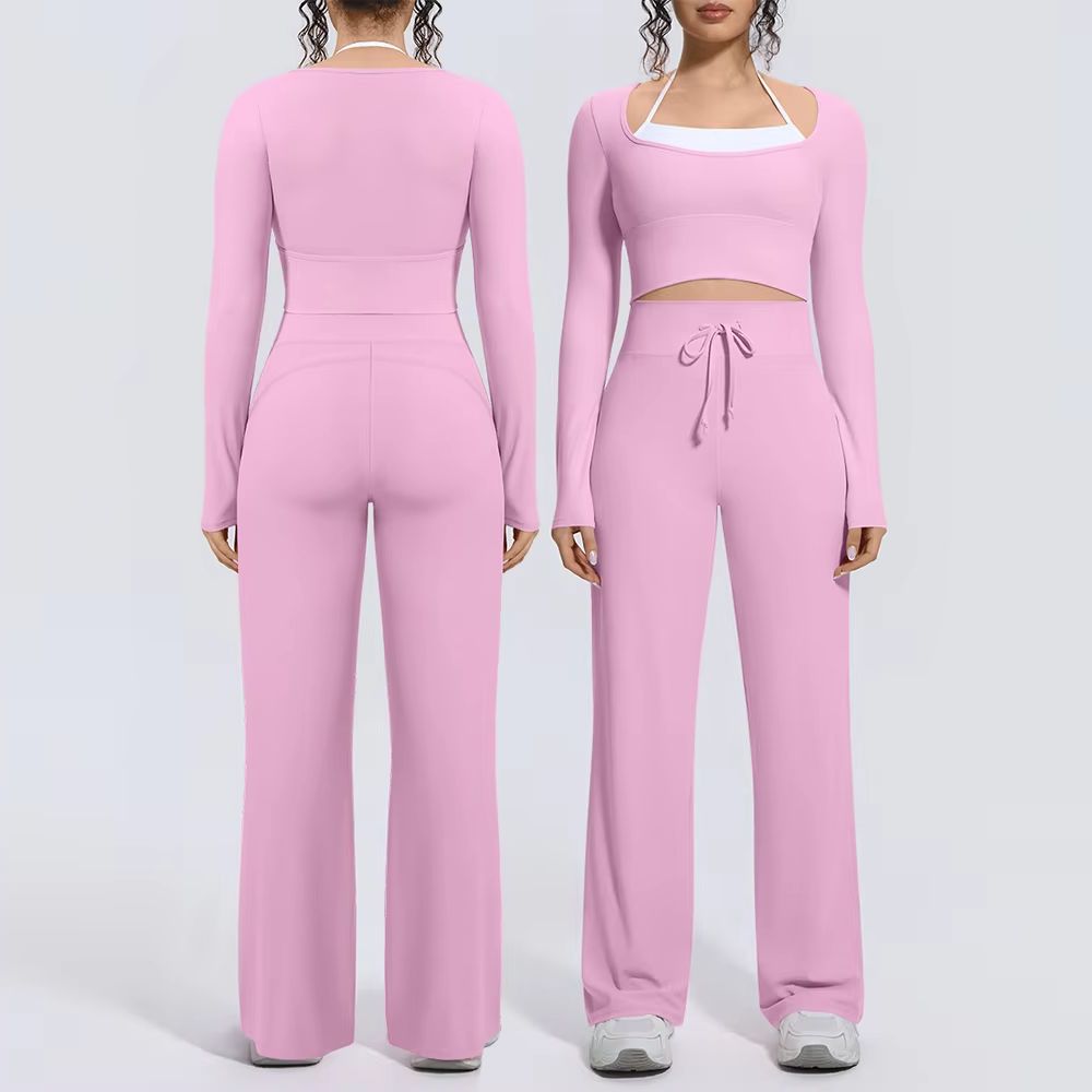 Compression Long Pant - ชุดโยคะผู้หญิง 2 ชิ้น เสื้อครอปคอเหลี่ยมแขนยาว กางเกงขายาวเอวสูงมีเชือกผูก สำหรับออกกำลังกาย